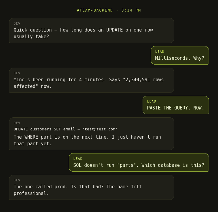 Chat joke: missing WHERE clause in prod